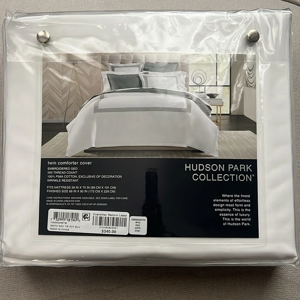 Hudson Park Collection Blue 500TC Embroidered Geo Duvet Cover, Twin NWT $340